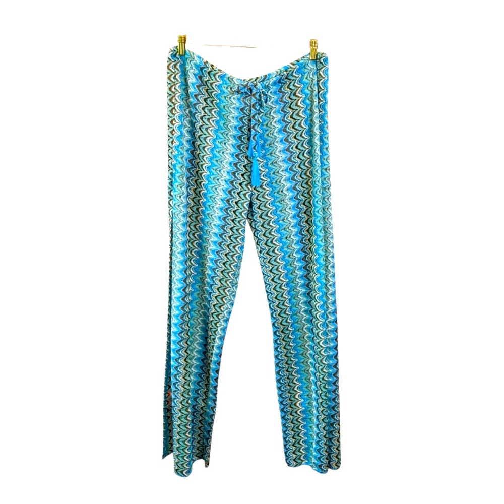 Becca Bathing Suit Cover Up Pants Size L Aqua Blue Brown Patterned